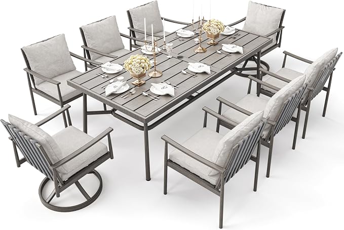 9-Piece Outdoor Dining Set for 8, Aluminum Dining Set with Cushions, 6 Dining Chairs and 2 Swivel Chairs with Rope Backrest, Large Rectangular Table with Umbrella Hole for Lawn Porch Yard,Grey