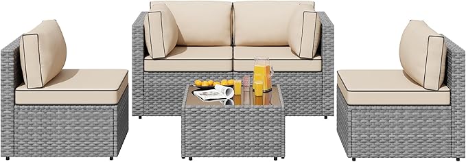 SUNLEI Outdoor Patio Furniture Set 5 Pcs, Rattan Balcony Furniture with Backrest Glass Table & Washable Cushions Small Conversation Patio Set with Sectional Design (Silver/Khaki)