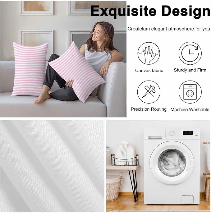 Lumbar Pillow Covers 20x12 Inch Set of 2, Pink White Stripe Waterproof Outdoor Cushion Covers, Modern Minimalist Geometric Striped Decorative Pillowcases for Couch, Sofa, Bed, Garden, Patio