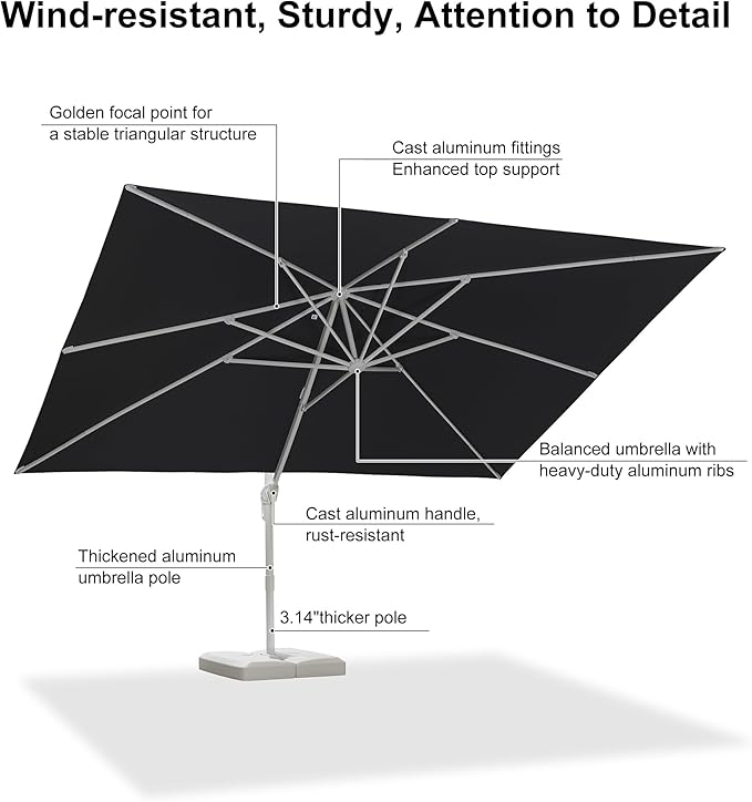 PURPLE LEAF 10' × 13' Patio Umbrella White Cantilever Umbrella Aluminum Square Outdoor Offset Umbrella Hanging Windproof with 360° Rotation for Garden Deck Pool, Navy Blue