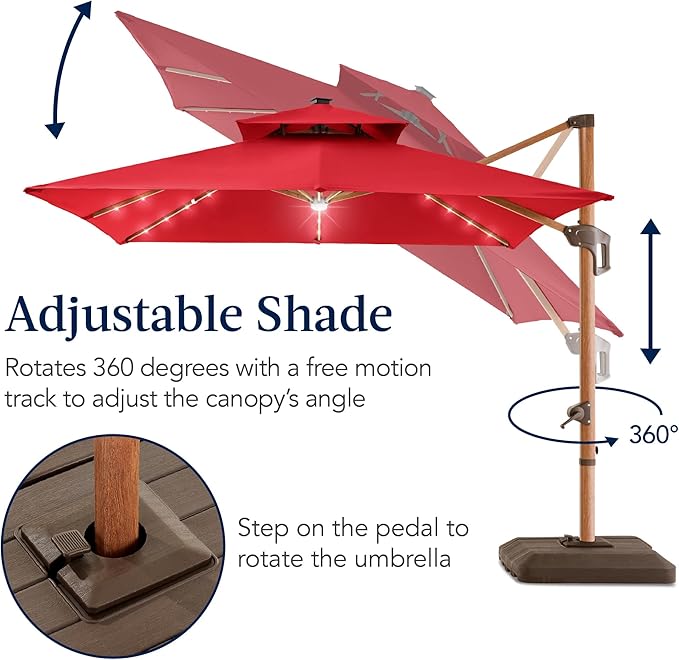 Best Choice Products 10ft Square Cantilever Patio Umbrella w/Base Included, Woodgrain Pattern Pole & Solar LED Lights, 360-Rotation, Offset Hanging Outdoor Shade
