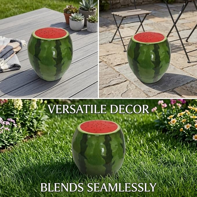 13.4" Watermelon Resin Stool, Novelty Fruit Side Table & Plant Stand, Whimsical Indoor Outdoor Garden Patio Decor, No Assembly Required (Red Watermelon)