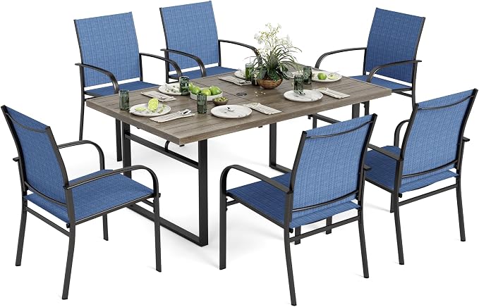 MIXPATIO 7-Piece Outdoor Dining Set 6 Blue Textilene Chairs and Steel Tabletop with Wood Grain Rectangle Table for Deck Garden Backyard Lawn Poolside
