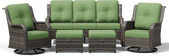 Joyside 5 Piece Wicker Patio Furniture Set, Outdoor Swivel Rocker Patio Chairs with High Back, Deep Seating, Wide Armrest, Thickened Cushions, Outdoor Furniture for Deck, Porch Use