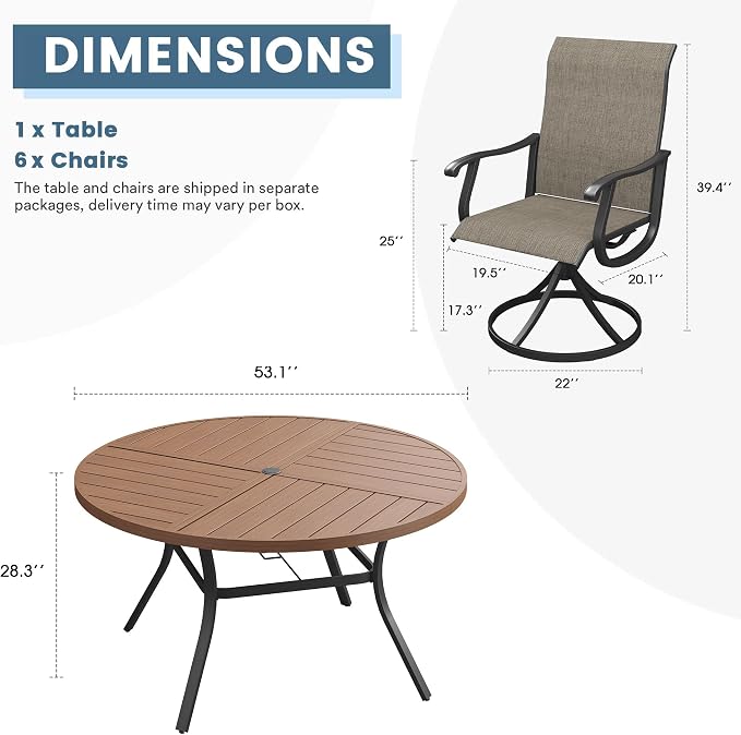DIFY Patio Table and Chairs Set for 6, 7 Piece Outdoor Dining Set, 53.1" Walnut Round Metal Dining Table with Umbrella Hole and 6 Brown Textilene Swivel Patio Chairs, for Garden Backyard Deck