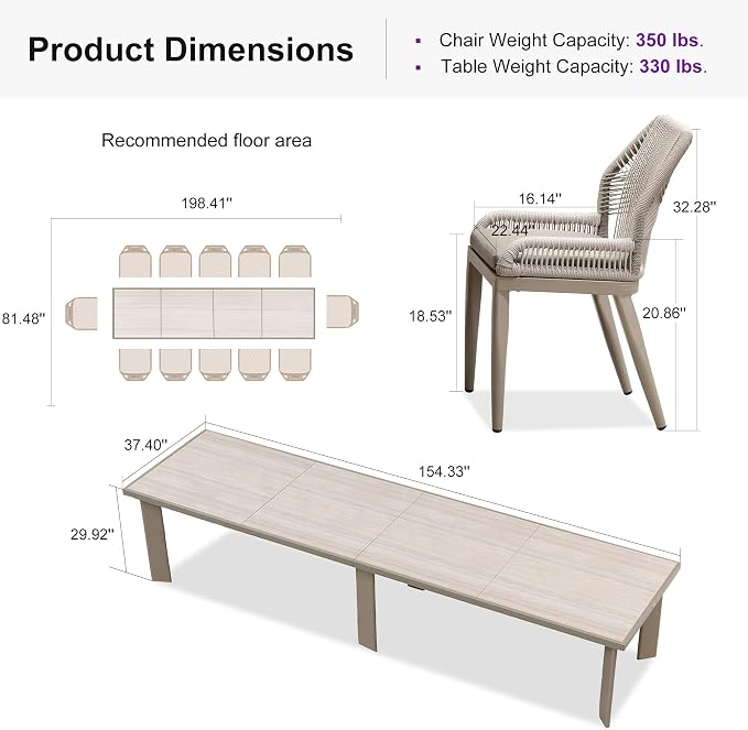 PURPLE LEAF 13 Pieces Patio Dining Set Aluminum Rectangular Table and Wicker Chairs with Cushions for Kitchen Porch Garden Modern Outdoor Furniture Sets, Champagne