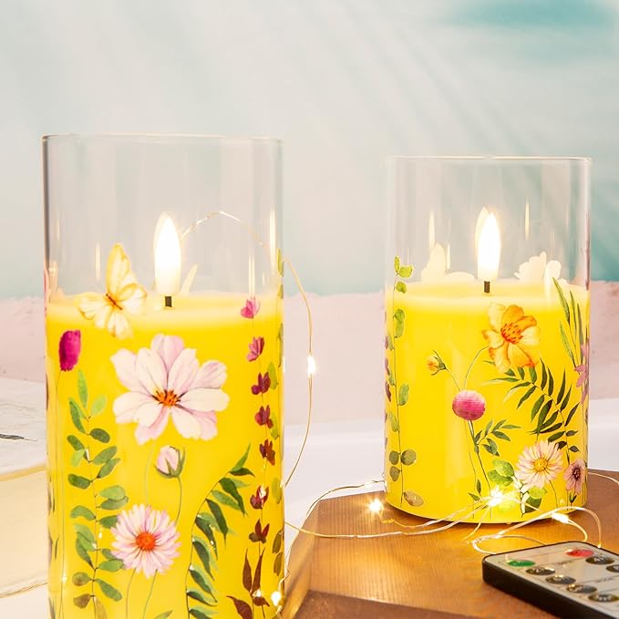 Eywamage Yellow Floral Glass Flameless Candles with Remote, Flickering Spring LED Pillar Candles Battery Operated Home Decor Set of 3