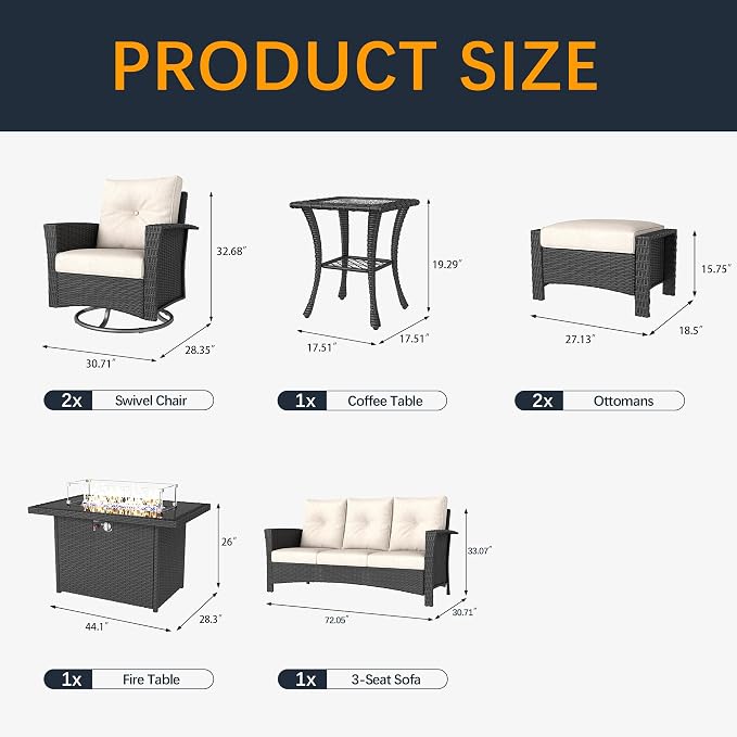 7 Pieces Outdoor Patio Furniture Set with Fire Pit Table, Wicker Patio Sectional Set Conversation Wicker Swivel Chairs with Small Side Table
