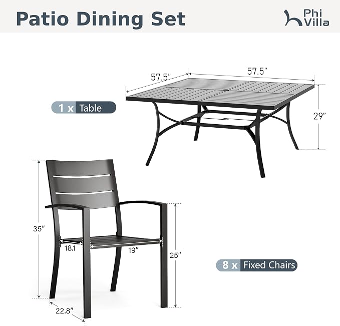 PHI VILLA 9 Pcs Outdoor Dining Set, 57.5" Square Metal Table, Black | Metal Table w/ Umbrella Hole & Stackable Iron Chairs,Patio Furniture Set for Deck,Yard, Porch