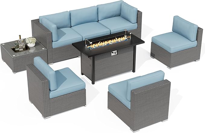 SUNCROWN Outdoor Patio Furniture Set 7 Piece Outdoor Sectional Sofa Grey Wicker Conversation Sofa Set with Coffee Table, Cushions and Fire Pit Table (Light Blue)