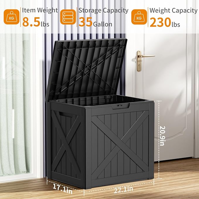 Resin Deck Box, Lockable Patio Outdoor Storage Box for Furniture, Garden Tools and Tools Storage, Waterproof Outside Storage Boxes (Black, 35 Gallon)