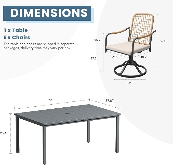 DIFY 7 Pieces Outdoor Dining Set, Metal Patio Table and Chairs Set for 6, 63" Rectangle Dining Table with Umbrella Hole & Wicker Swivel Patio Chairs with Cushions, Grey Tabletop
