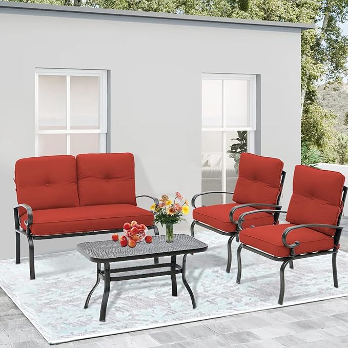 SUNCROWN 4 Pieces Outdoor Metal Furniture Patio Conversation Set Loveseat, 2 Dining Chairs and Coffee Table for Lawn Front Porch Garden, Red Cushions
