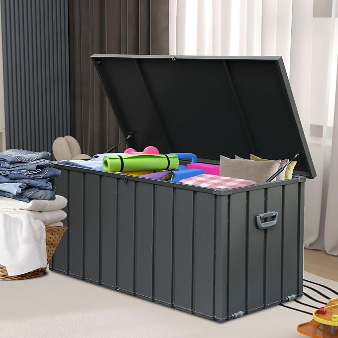 Domi Deck Box, 120 Gallon Outdoor Storage Box Large Metal Storage Cabinet Waterproof Lockable Container for Patio Furniture Cushions Garden Tools Pool-Supplies, Dark Grey