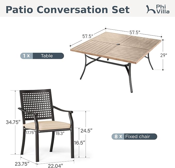 PHI VILLA Outdoor Dining Set for 8, Square Metal Table w/Umbrella Hole | 9 pcs 57.5" brown wrought iron furniture set w/ cushions. All weather for patio, deck, yard, porch
