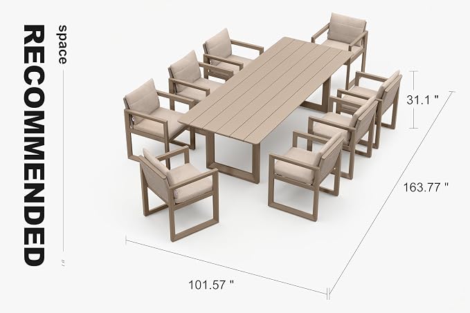 PURPLE LEAF Outdoor Dining Set for 8 Aluminum Luxury Patio Furniture Table and Chairs Set with All Weather Thick Cushion Rectangular Patio Dining Sets for Large Backyard Garden Poolside, Khaki
