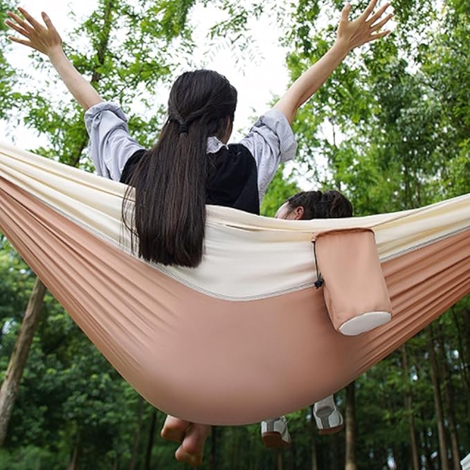 Portable Polyester Hammock Outdoor Travel Camping Multifunctional Strong Stable Wide Portable Tree Hanging Hammock Comfortable(Khaki)