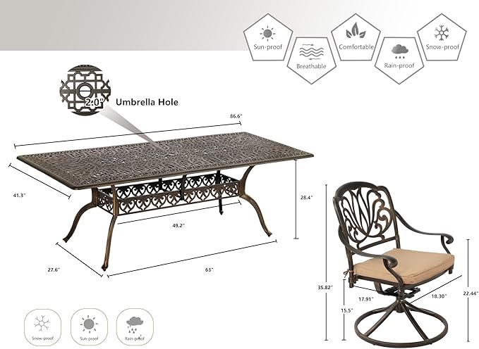 Grepatio 9 Piece Cast Aluminum Patio Furniture Set Outdoor Dining Set Bistro Furniture Set with 8 Swivel Chairs and Dining Table with Umbrella Hole, Cushions for Backyard Garden Poolside (Khaki)