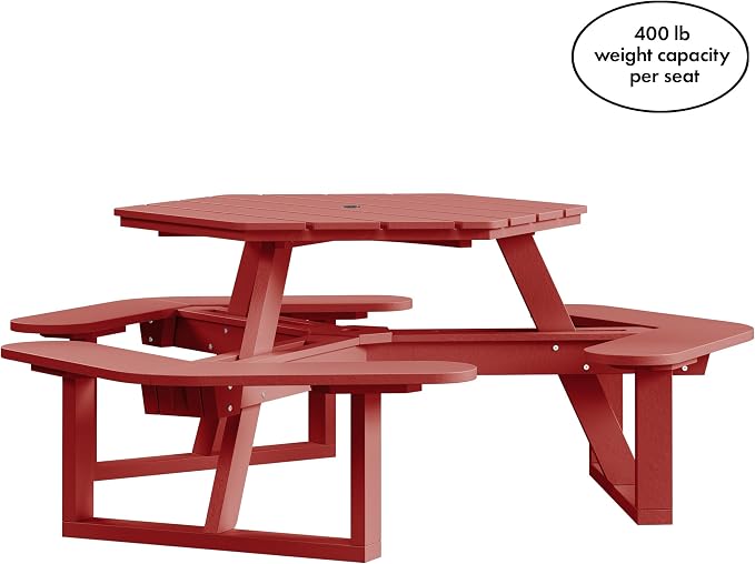 Shoreline Made in USA Hexagon Picnic Table, Seating for 6, Boathouse Red