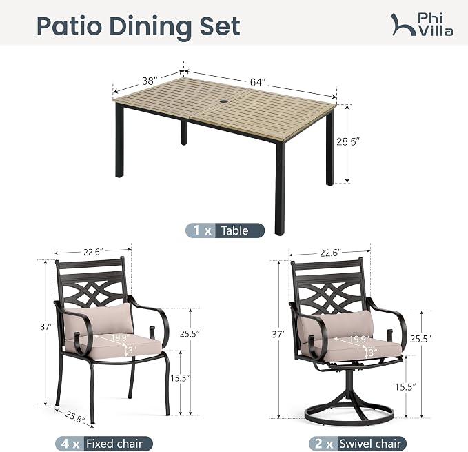PHI VILLA 7 Piece Patio Dining Set, Rectangular Steel Table | Metal chairs, Beige Cushion, Cushions, E-coated