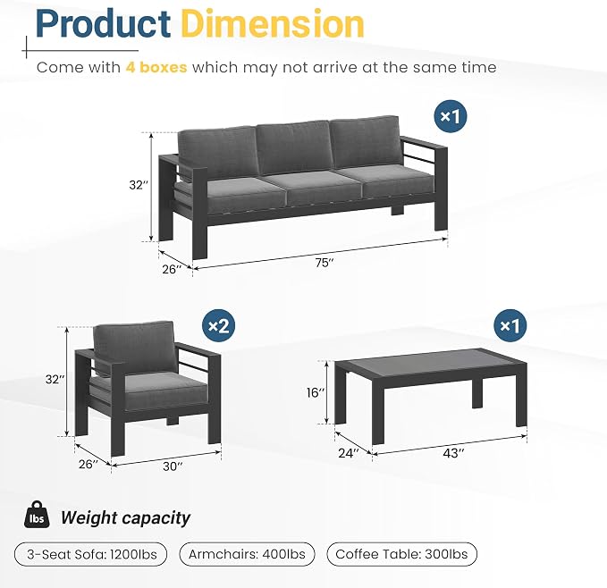 Solaste Aluminum Patio Furniture Set for All Weather, Oversized Metal Outdoor Furniture Set with 27.5" Deep Seating and 3.2" Wide Armrest, Patio Conversation Set with 5" Cushion, Black and Grey