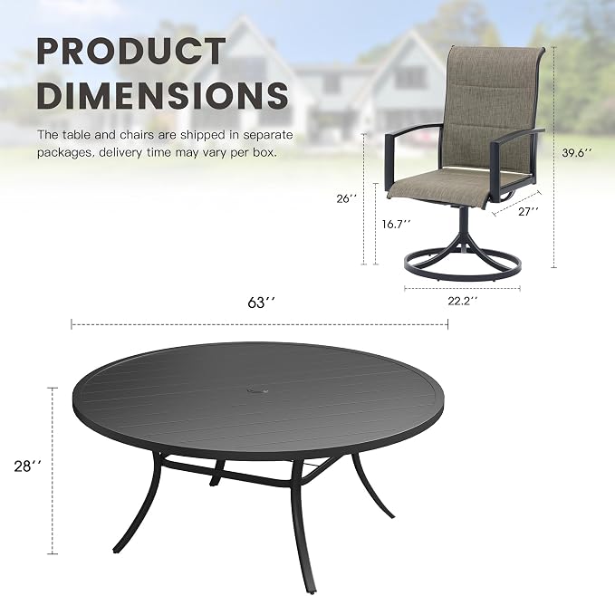Outdoor Dining Set for 8, 63" Outdoor Dining Table with Umbrella Hole and Padded Textilene Patio Swivel Chairs, 9 Pieces Patio Table and Chairs Set for Garden Backyard, Mixed Brown and Black
