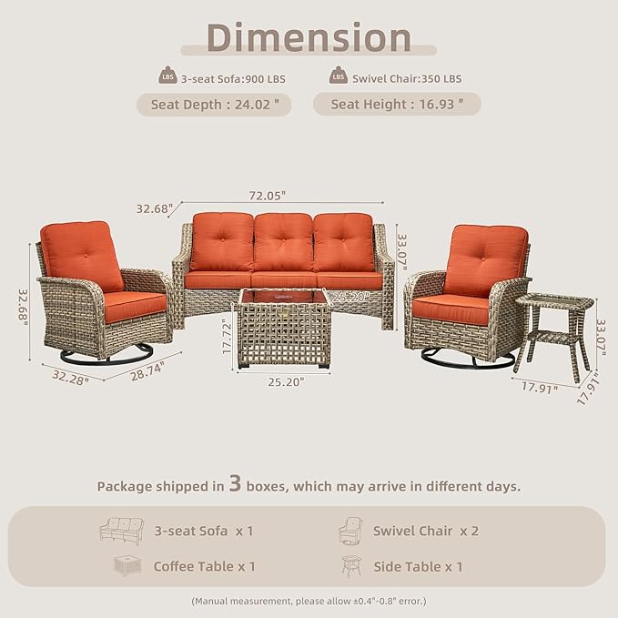 Outdoor Patio Furniture Set, 5-Piece PE Wicker Sofa with Shiny Table and Swivel Chairs, Outdoor Conversation Set for Patio, Garden, Backyard Red