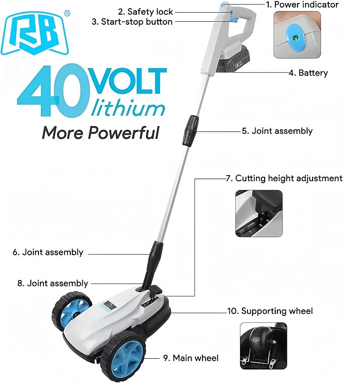 RB 40V 9" Cordless Lawn Mower with Charger & 2Ah Battery × 2