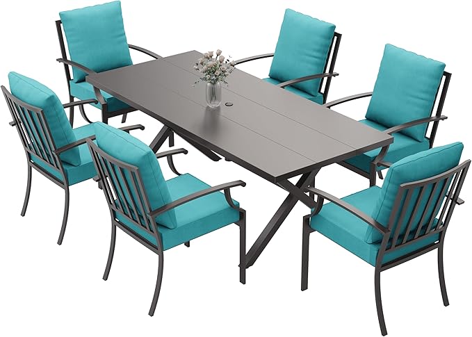 ALAULM 7-Piece Patio Dining Table and Chairs Outdoor Dining Set for 6 Patio Dining Sets with Rectangular Metal Table with Umbrella Hole for Patio, Backyard, Garden-Blue