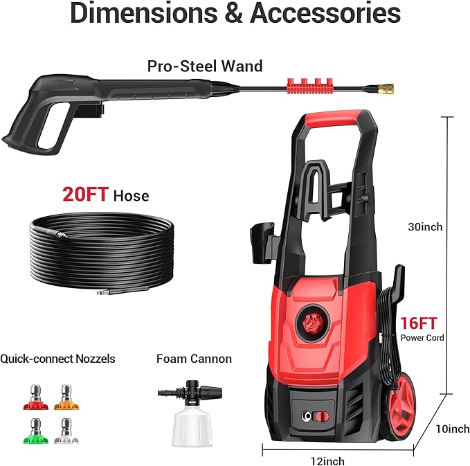 Electric Pressure Washer, 2.5 GPM Power Washer with Foam Cannon, Electric High Pressure Washer with 4 Quick Connect Nozzles for Cars, Driveways, Fences, Patios, Home Cleaning