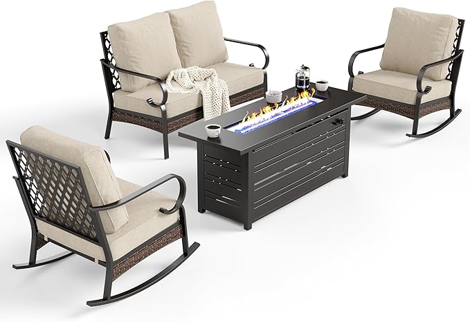4 Piece Metal Outdoor Patio Furniture Sets with Firepit Table, Patio Conversation Sets 1 2-Seater Sofa, 2 Rocking Sofa with 5.75" Cushion Black Backyard Furniture for Deck, Beige
