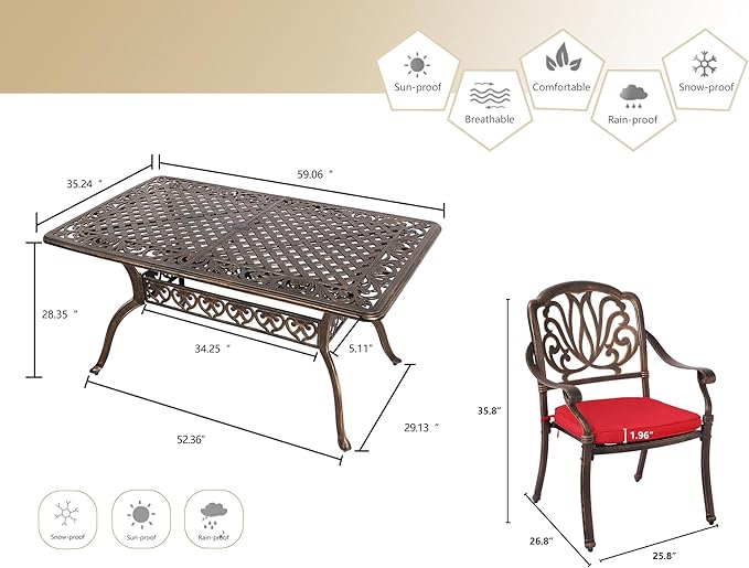 Grepatio 7 Piece Patio Dining Set Outdoor Dining Set Cast Aluminum Furniture Set with 6 Dining Chairs with Cushion and Dining Table for Backyard Garden Deck Poolside (Red)
