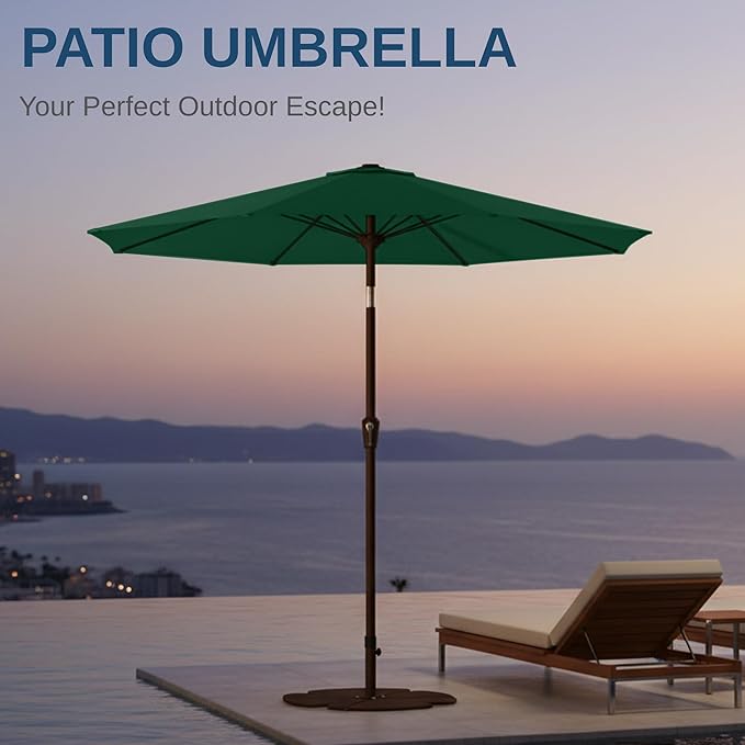 9ft Patio Umbrella with Push Button Tilt and Crank,Outdoor Market Table Umbrella UV Protection 8 Sturdy Ribs for Backyard,Garden,Pool,Deck(Dark Green)