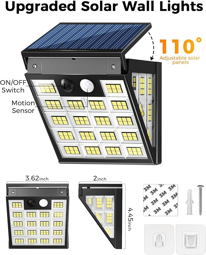 160LEDs Solar Motion Lights Outdoor,3-Sides Solar Wall Lights Outdoor, 270° Wide Angle, 3 Lighting Modes Security Light for Front Door Fence Yad Garage (Adjustable Solar Panel, 4)