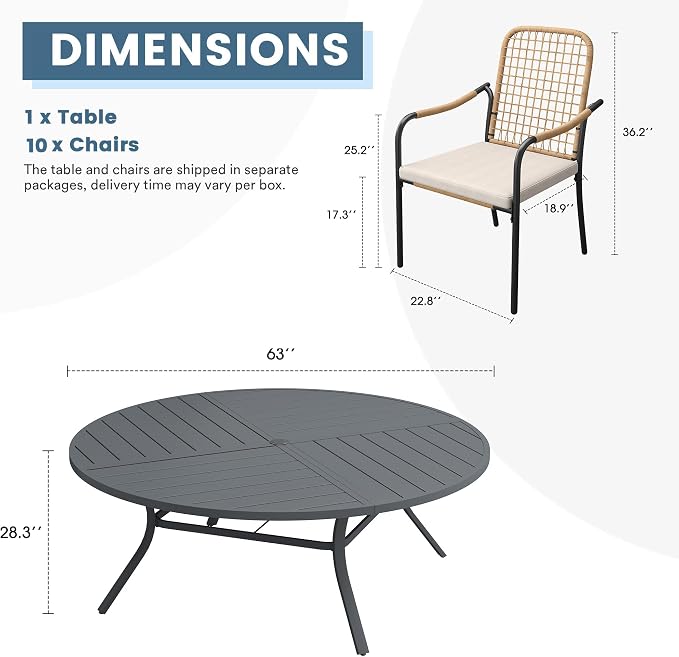 DIFY 11 Pieces Outdoor Dining Set, Metal Patio Table and Chairs Set for 10, 63" Round Dining Table with Umbrella Hole & Wicker Stackable Patio Chairs with Cushions, Grey Tabletop