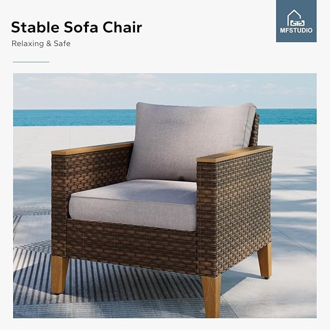 MFSTUDIO 9 Piece Wicker Patio Furniture Set, 2 x Single Chair, 2 x Ottoman, Loveseat Sofa, 3-Seat Sofa, All-Weather Outdoor PE Rattan Patio Conversation Set for Garden, Backyard(Beige Cushions)