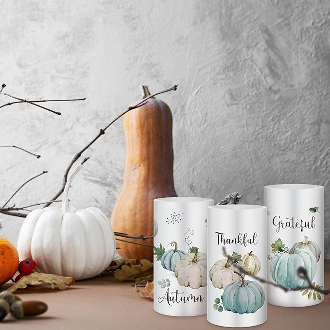 Retisee 3 Pcs Farmhouse Thanksgiving Flameless LED Candles Thanksgiving Battery Operated Candles with Remote Control Thankful Grateful Pumpkin Decor for Table Centerpiece Bedroom Autumn Harvest Decor