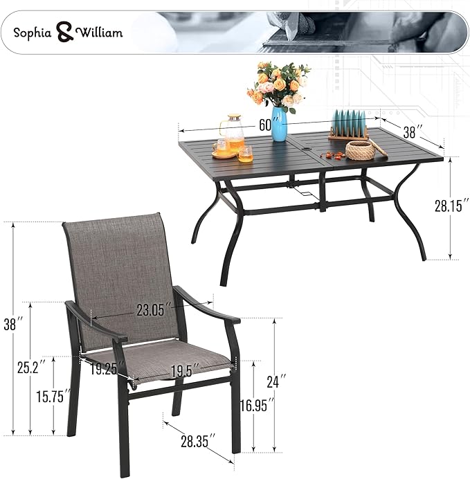 Sophia & William 7 Pieces Patio Dining Set, 6 Quick Dry Textilene Chairs and 60" Powder-Coated Outdoor Dining Table, Durable All-Weather Patio Furniture for Lawn, Park, and Courtyard Support 350lbs
