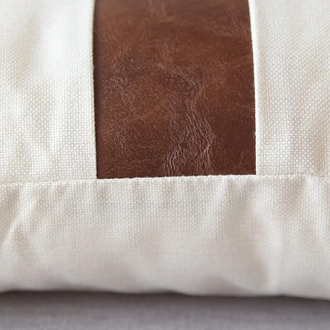 Outdoor Pillow Covers Waterproof 12X20 Inch Waterproof Linen Patchwork Faux Leather Throw Lumbar Pillow Covers for Patio Garden Living Room Sofa