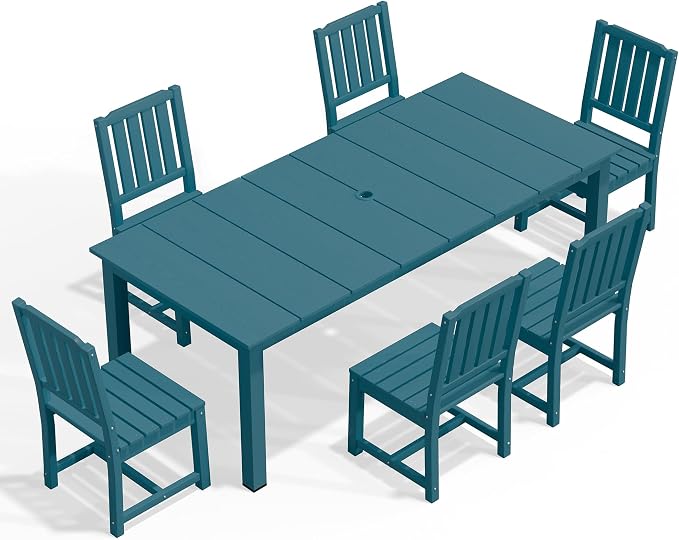 AreShark 7-Piece Outdoor Dining Set,HDPE Patio Table with 6 Armless Chairs,All-Weather Patio Furniture Set with Umbrella Hole,Low Maintenance Wood Grain Dining Set for Backyard,Garden,Poolside,Black