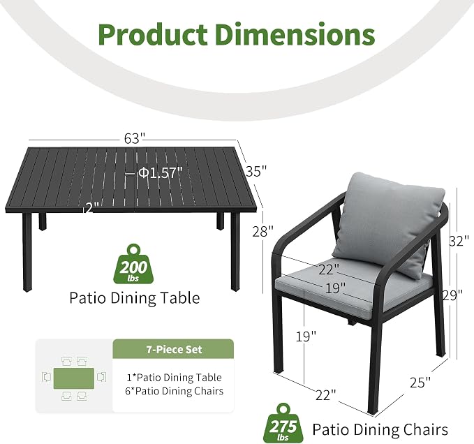 Outdoor Dining Set,7-Piece Patio Dining Table Set for 6 with Rectangular Table & 6 Thick Cushion Sofa Chair, Aluminum All-Weather Patio Furniture Set for Backyard, Garden and Poolside (Black)
