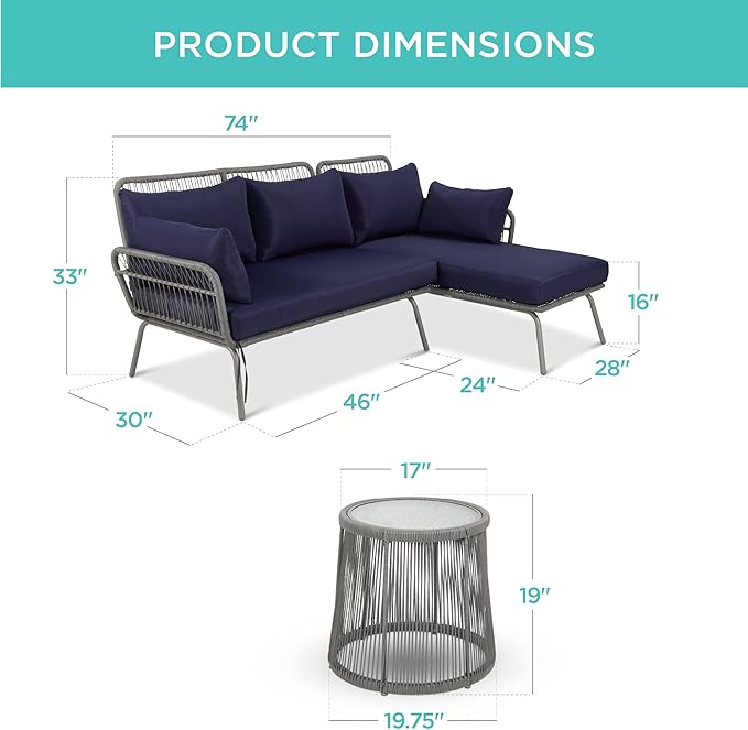 Best Choice Products Outdoor Rope Woven Sectional Patio Furniture L-Shaped Conversation Sofa Set for Backyard, Porch w/Thick Cushions, Detachable Lounger, Side Table - Gray/Navy