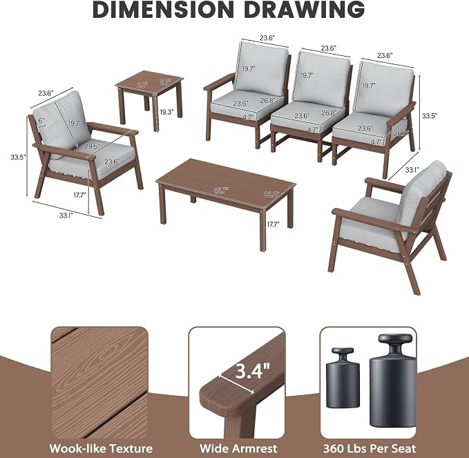 LOUNZY HDPE Patio Furniture Set,10 Pieces Sectional Outdoor Furniture Set, All Weather Outdoor Couch Set Patio Conversation Set for Deck, Lawn, Grey