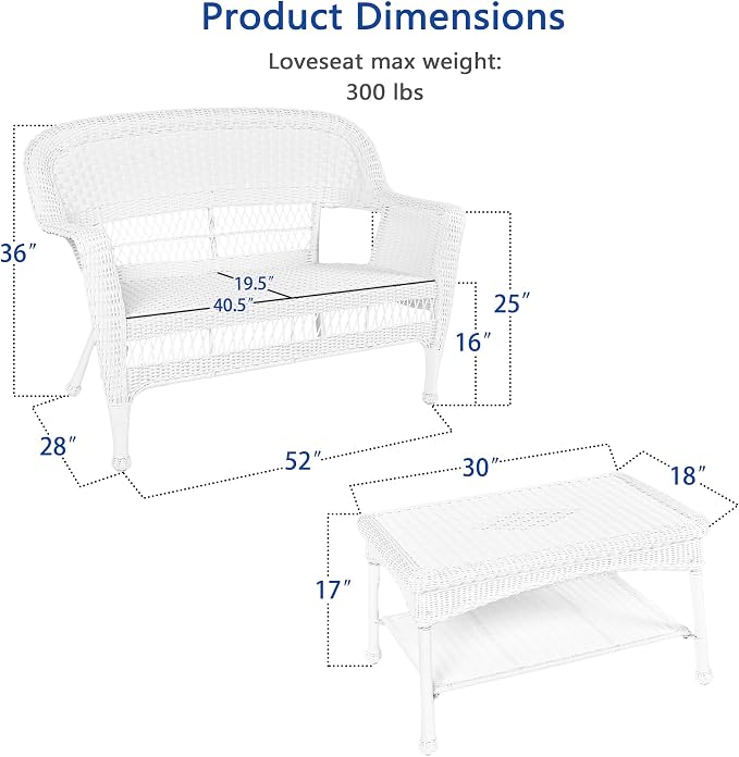 Jeco Wicker Patio Love Seat and Coffee Table Set without Cushion, White