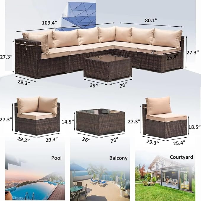 7 Pieces Outdoor Patio Furniture Sets Wicker Conversation Set Sectional Sofa Includes 6 All-Weather High Back Deep Seat PE Outdoor Sectional