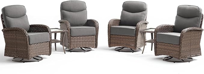 Luxury Wicker Patio Furniture Set with 6-Inch Thick Cushions, 6 Pieces Outdoor Swivel Rocker Patio Chairs Set of 4 with Rattan Side Table, Ooutdoor Patio Conversation Sets for Garden Porch Deck, Gray