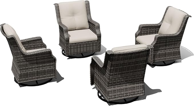 Outdoor Patio Furniture Set, 4 Piece Wicker Patio Furniture with Thick Cushions, Curved Armrest, Deep Seating, Outdoor Swivel Rocker Chairs for Porch, Deck, Balcony