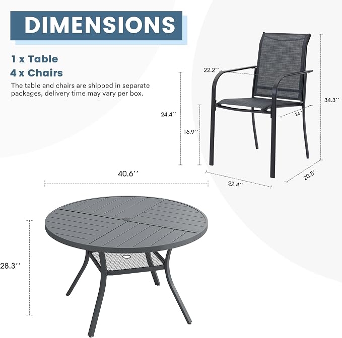 DIFY Patio Dining Set for 4, 5 Piece Outdoor Table and Chairs Set, 40.6" Round Metal Patio Dining Table and 4 Textilene Stackable Patio Chairs, for Backyard Garden Poolside, Grey