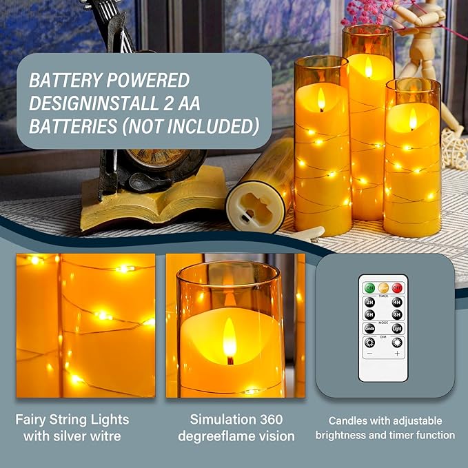 Eebuss Flameless Candles with Embedded Star String, Battery Operated LED Pillar Candles with Timer and Remote Control,Home Decorating for Ambiance, Set of 9 (Gold)