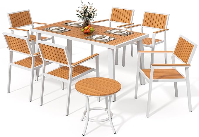 8-Piece Patio Dining Set, Outdoor Weather-Resistant Plastic-Wood Table & 6 Stackable Chairs, Outdoor Durable Aluminum Frame Furniture for Garden, Poolside, Backyard, White
